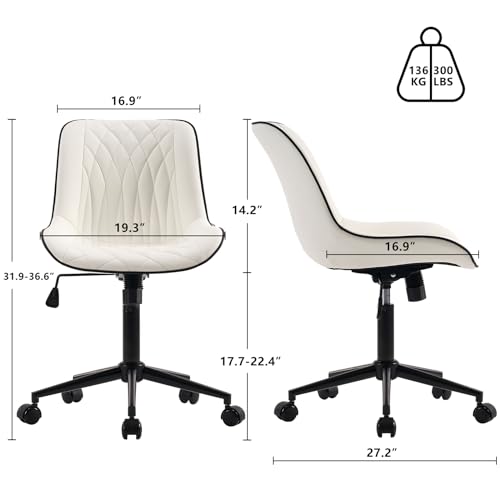 Image of YOUNIKE White Ergonomic Office Desk Chair No Arms Comfy Small Vanity Chair with Wheels Swivel Adjustable Modern Computer Task Chair with Back Armless Cute Leather Upholstered Rolling Chair