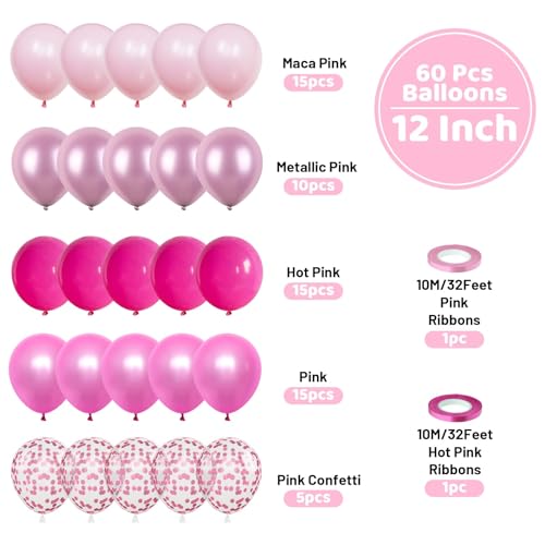 Image of Funhot Pink Balloons Set, 60PCS Hot Pink Latex Balloons, 12Inch Pink Confetti Balloon Pastel Pink Metallic Party Balloons Helium for Girls Women Baby Shower Princess Wedding Birthday Party Decoration