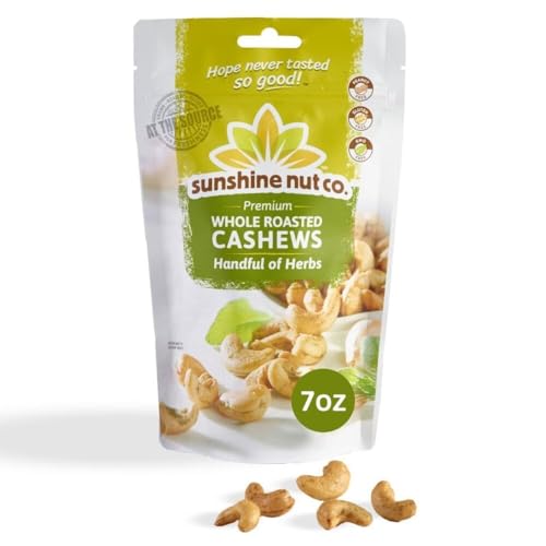 Sunshine Nut Company Whole Roasted Lightly Salted Cashews, Handful of Herbs Flavor, Single 7 oz. Bag, Gluten Free, Peanut Free and Vegan Individual Snack Packs for Kids and Adults, GMO Free