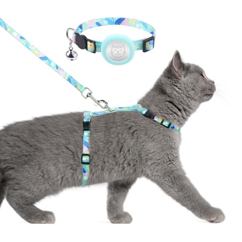 KOOLTAIL Cat Harness and Leash Set Escape Proof with Cat Airtag Holder Collars (3 in 1), Comfortable Lightweight Adjustable Kitten Harness for Small Medium Large Cats Safe Walking & Travel, Green
