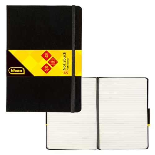 Idena 209284 - Taccuino DIN A5 a righe, carta crema, 192 pagine, 80 g/m², copertina rigida nera, 1 pz.