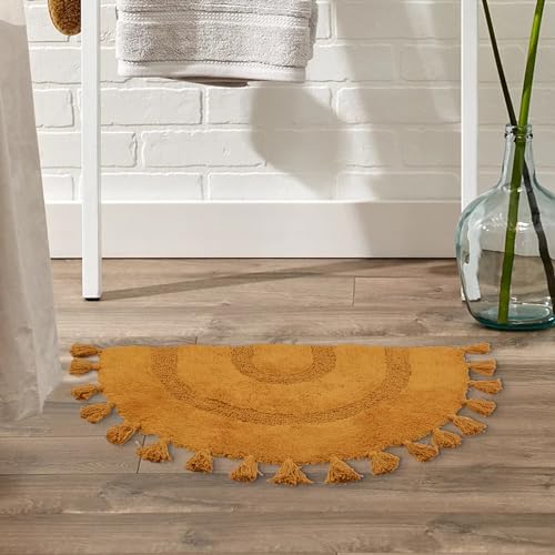 Image of Half Circle Boho Bathroom Rugs with Tassels 100% Cotton Hand-Woven Bath Mat Non Slip Absorbent Bath Rugs with Rug Pad Washable Boho Bath Mat Carpet for Tub, Shower 20 inchx32 inch,Mustard