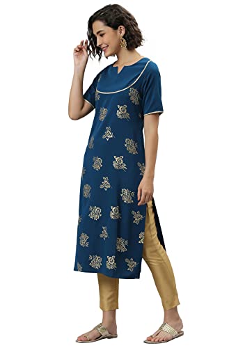 Image of Janasya Women's Teal Gold Printed Poly Crepe Kurta