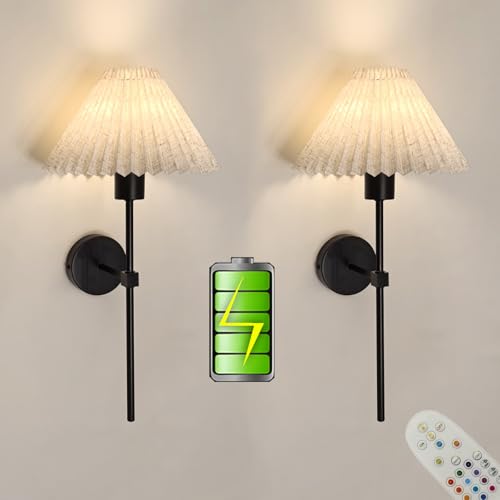 Image of Battery Cordless Fabric Wall Sconces Set of 2 with Remote, Vintage Rechargeable Mushroom Wall Sconces with Fabric Lampshade Picture Wall Light Fixture for Bathroom, Bedroom (2 Pack, Black)