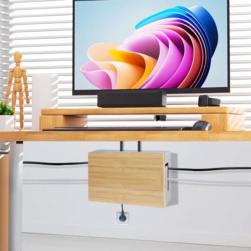 DBREAKS Kabelmanagement Box, Kabelbox aus Holz, Kabel-Organisationsbox mit magnetischem Bambus-Deckel und Kabelbindern, Wandmontierbare Kabelbox, Kabelkasten für Cable Organizer (Weiß)