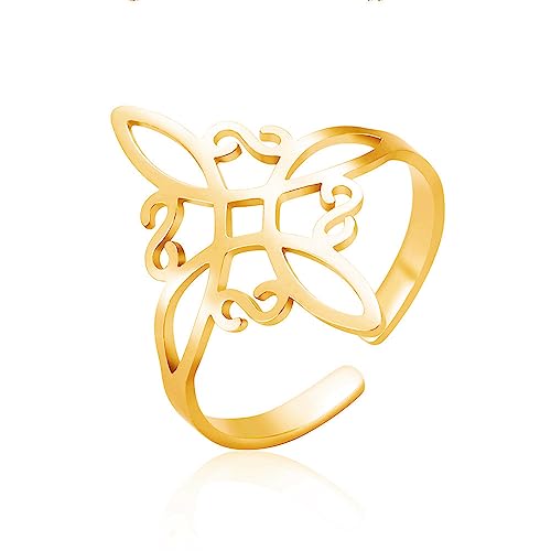 Celtic Knots Ring Stainless Steel Engagement Knuckle Ring Geometric Cross Flower Knot Finger Joint Rings Adjustable Amulet Jewelry for Women Men Girls (Gold)