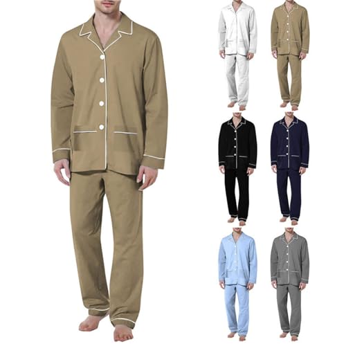 JiXiang Pajama Set Men Soft Notched Collar Long Sleeve Sleepwear Lightweight Button Up Lounge Pjs Set Loungewear with Pockets