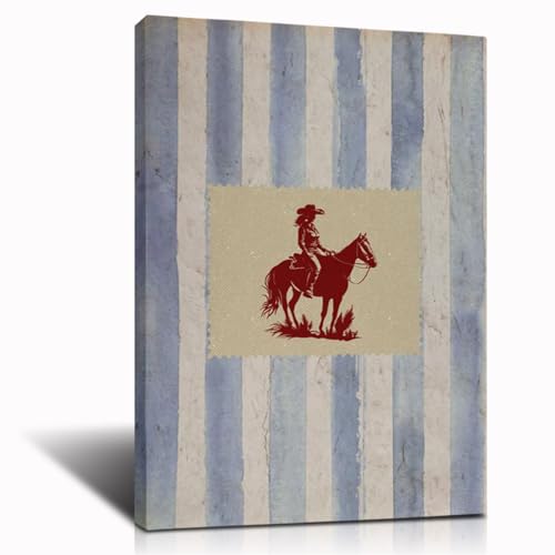 Vintage Striped Rodeo Print,Western Bedroom Print,Cowboy Wall Art,Rustic Mid Century Modern Decor,Retro Horse Poster,Red and Blue Western Coffee Bar Poster 12L''X16W''inch Framed