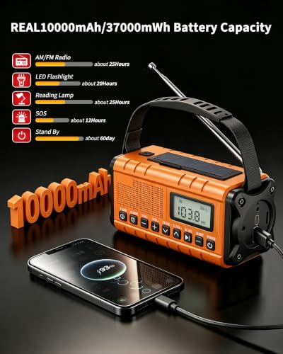 Hand Crank Emergency Radio Am Fm-10000mAh/37000mWh NOAA Weather Radio - Image 5