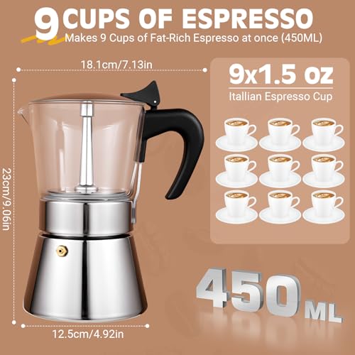 Image of Induction Moka Pot, 9 Cups (15.9 oz) Crystal Glass-Top & Stainless Steel Moka Pot, Classic Stovetop Espresso Maker, Silver