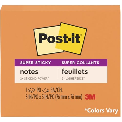 Post-it Super Sticky Notes, 2X Sticking Power, Colors Vary, 3 x 3-Inches, Assorted Bright Colors, 1-Pad - image 1