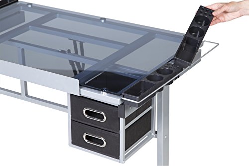 Image of OneSpace Craft Station, Art Desk, Adjustable Glass Desk with Drawers and Supply Trays, Silver