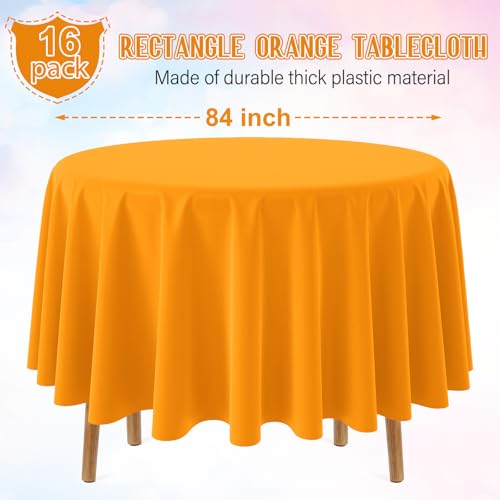 Image of 16 Pack Orange Plastic Tablecloths for Round Tables, Premium Decorative Orange Disposable Table Covers for Parties, Round Party Table Cover for Fall Autumn Birthday Thanksgiving Graduation, 84 Inch