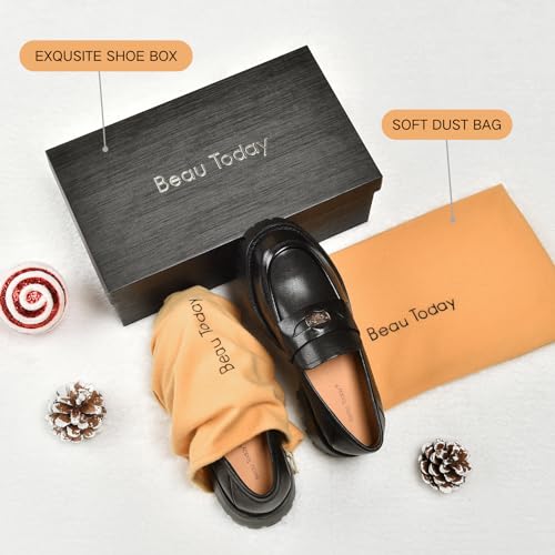 Image of BEAU TODAY Chunky Loafers for Women, Platform Penny Loafers for Women, Chunky Heel Lug Sole Leather Shoes Casual Comfortable Business Work Shoes Slip-on Black-C US 9
