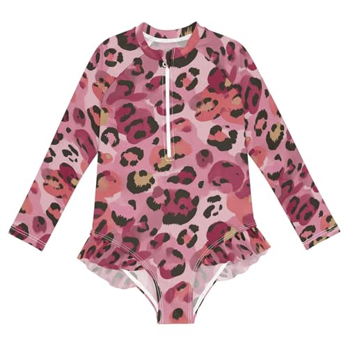 Girls'Swimwear Swimsuit Rash Guard,Wildlife Pink Leopard Print Long Sleeve One Piece Bathing Suits for Kids Toddlers,Quick Dry Swimming Suit Zipper 4T