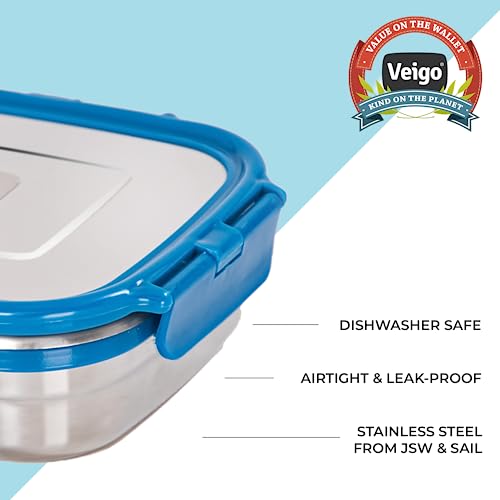 Image of Veigo Original Set Pack of 3 Stainless Steel Airtight & Leakproof Medium Lunch Box with Silicon Ring & Polymer Frame for Re-Heating|Safe Lid Lock|Square (330ML) Dark Blue