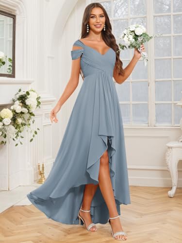 Off The Shoulder Bridesmaid Dresses with Pockets High Low Ruffle Chiffon Ruched Formal Evening Gowns for Wedding4