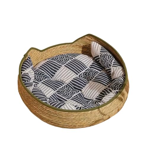 Générique Lits de Chats Paniers tissés lit avec Coussin Doux lit pour Anti-Rayures,Panier Osier Rond Confortable pour Chat d'intérieur-35cm (Bleu)
