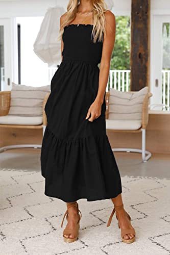Image of ZESICA Women's Summer Boho Strapless Maxi Dress 2026 Casual Off Shoulder Smocked Flowy A Line Beach Holiday Long Dresses