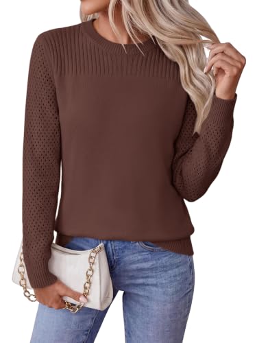 BTFBM Casual Long Sleeve Sweaters for Women Solid Fall Sweater Brown