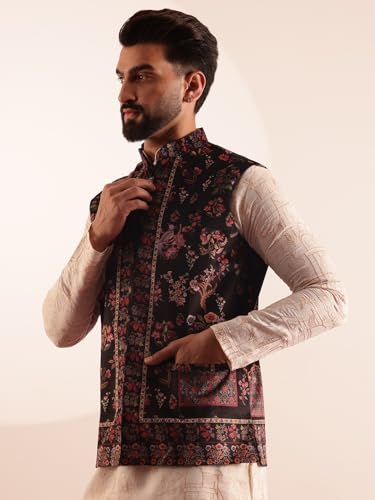 Image of SOJANYA Men's Cotton Silk Cream Kurta & White Pyjama With Velvet Paisley Design Nehru Jacket