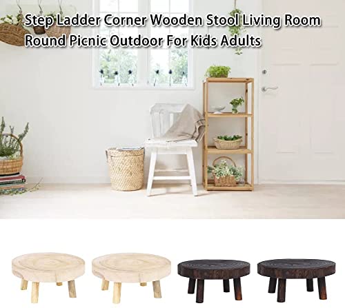 Tabouret bas rond en bois marron et repose-pieds stable - 6