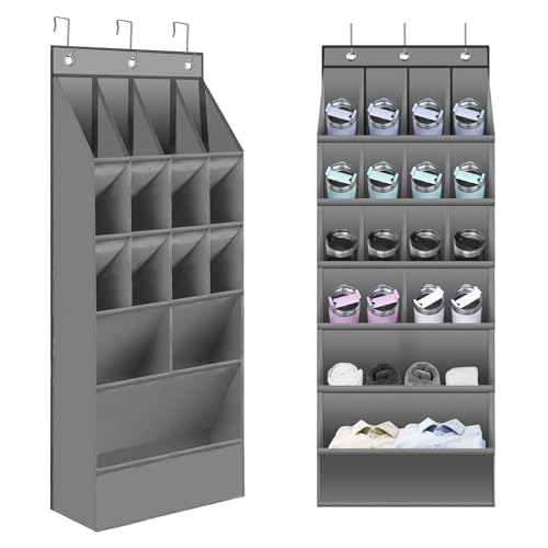 Water Bottle Organizer, Grey | Over The Door, 16 Pockets, Various Sizes Cup Organizer, For Kitchen Cabinet Bedroom