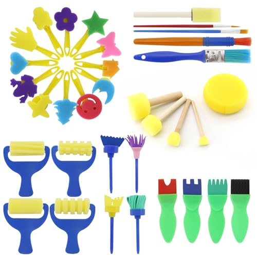 TOKSEO 34-teiliges Schwamm-Pinsel-Set für Kinder, Malwerkzeug für Kinder, Pinsel, Schwamm-Set für Kinder, frühzeitige Erziehung, Zeichenwerkzeuge, DIY-Handwerkzeuge