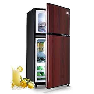 KRIB BLING 3.5 Cu.Ft Refrigerator with Freezer,Vintage Double Door,Lock Fresh Energy Saving Compa,7 Level Adjustable Thermostat ct for Dorm, Bar, Office,Kitchen, Apartment，Wood