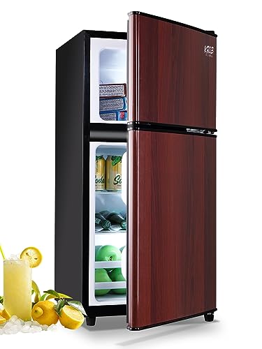 KRIB BLING 3.5 Cu.Ft Refrigerator with Freezer,Vintage Double Door,Lock Fresh Energy Saving Compa,7 Level Adjustable Thermostat ct for Dorm, Bar, Office,Kitchen, Apartment,Wood