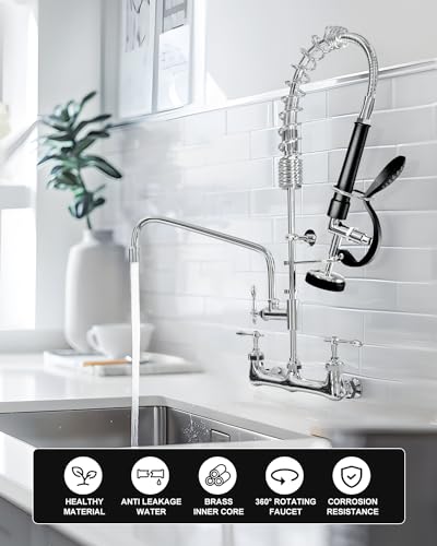 Commercial Sink Faucet,Commercial Faucet with Sprayer Adjustable Center Wall Mounted Restaurant Faucets,12" Spout andPull-Down Pre-Rinse 25” Height Suitable for 1, 2 or 3 Sinks
