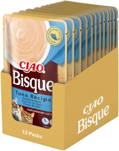 INABA Ciao Bisque Katzenfutter Nass Kalorienarm mit 30% Thunfisch | Getreidefrei, Zuckerfrei, Keine Nebenerzeugnisse, Cremige Paste und Leckere Katzensuppe aus Japan 40 g (12er Pack)