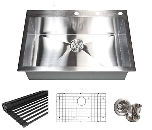 33 INCH Zero Radius Design 16 Gauge Topmount Drop In Over the Counter Large Single Bowl Stainless Steel Kitchen Sink Premium Package (33 INCH) KKR-FT3322