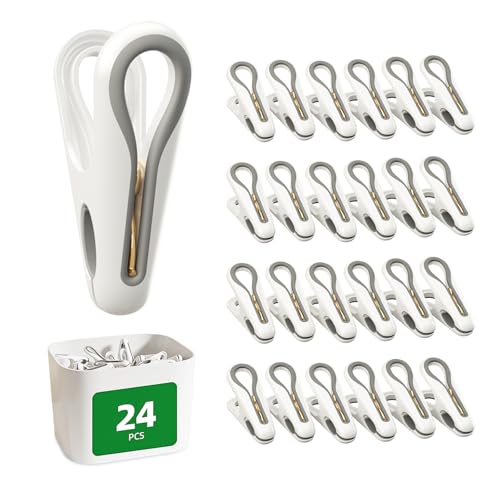 Image of Plastic ClothesPins Heavy Duty Out door 24 Pack with Storage Box, 2.5-Inch Chip Clips with Non-Slip No-Trace Design for Laundry, Drying Clothes,Towels, Crafts, Picture, Food Clips, Home Use and Travel