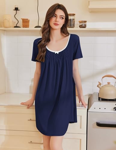 Image of Ekouaer Nightgowns for Women Pleated Night Shirts Short Sleeve Sleep Shirts Lace Trim Night Gown Ladies Soft Sleep Dress Navy Blue