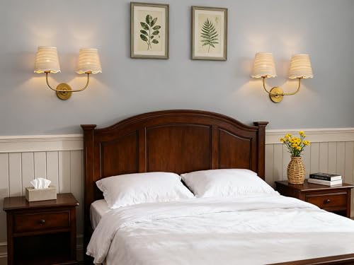 Image of Phansthy Industrial Hardwired Wall Sconce Vintage Farmhouse Wall Light, Boho Brass Finished Wall Lamps with Natural Rattan Woven Lampshade for Bedroom, Living Room (Antique Gold, Two-Light)