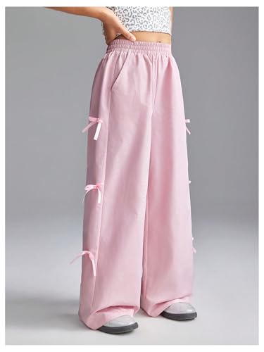 Girl's Y2k Bow Sweatpants Elastic High Waist Wide Leg Baggy Track Pants4