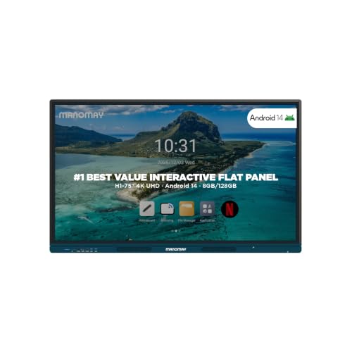 Image of Manomay 75 Inch Interactive Flat Panel, 4K UHD Multitouch Display, Android 14, OTT Streaming, 8GB RAM /128GB Storage, 20-Point Touch, K-12 Content, Smart Board for Office, School & Business | Built-In Speakers, Touchscreen, Wall Mountable