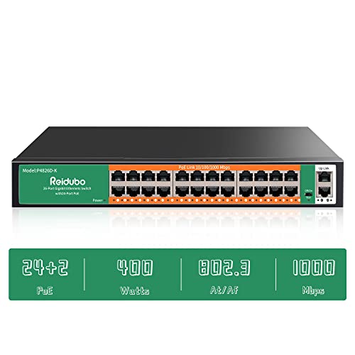 Image of 24 Ports Full Gigabit PoE Switch, 24 Port PoE+ Network Switch with 2 Uplink Gigabit Port, 400W, 802.3af /at Compliant, Unmanaged Plug and Play, Rack Mount 19-inch Rackmount, Fanless (26)