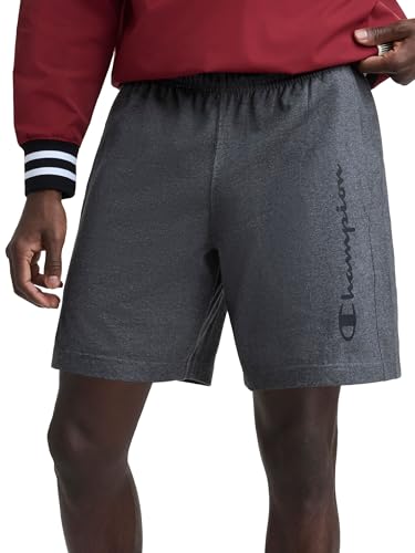 Image of Champion Men's Graphic Lounge Shorts, Standard Fit, 7 Inch Inseam, Script Logo, Lightweight 100% Cotton Jersey