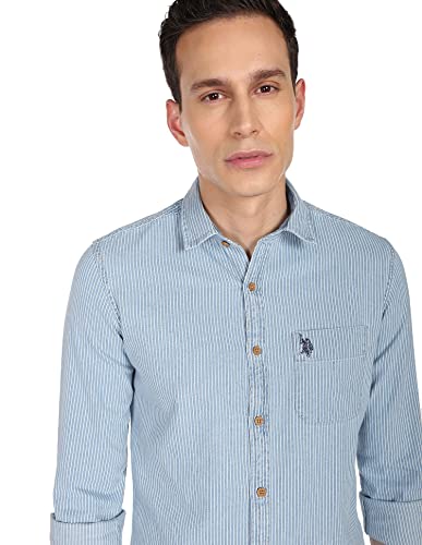 Image of U.S. POLO ASSN. Men's Cotton Regular Fit Spread Collar Vertical Striped Casual Shirt