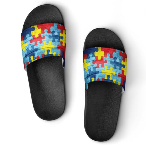 Colorful Autism Awareness Puzzle Womens Slide Sandals Non Slip Summer House Slippers for Girls Slip-on Flip Flops