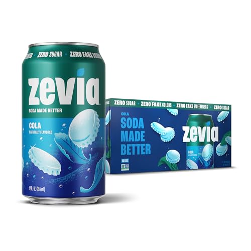 Zevia Zero Sugar Soda, Cola, 12 oz Cans (8-Pack) – Naturally Sweetened, Non-GMO Project Verified,...