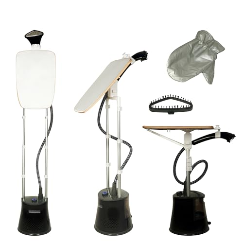 Image of Hamilton Beach Garment Steamer with Stand & Ironing Board, Garment Steamer for Clothes, 45g /min Steam Output, 20s Heat-Up, 6 Steam Levels, Standing Iron Steamer for Clothes with Press Stand (Black)