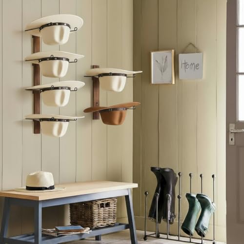TIPSYTREE Kappenhalter, Cap Halter Tür Hut Racks, 6 Stücke Hut Rack für Cowboyhüte mit Holzbrett, Metall Cowboy Huthalter Cap Ständer Wand Huthalter Set mit Haken Cap Halter für Hat Collection Room