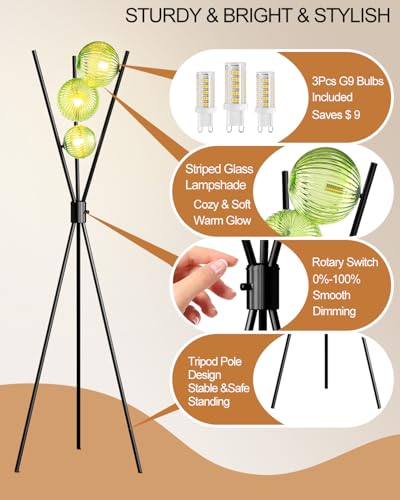 Image of Lightdot Dimmable Black Tripod Floor Lamp, Mid Century Standing Lamps with 3 Globe Green Glass Lampshade& Bulb Included, 3000K Bulbs Included Modern Tall Lamp for Living Room /Sofa Beside /Corner Decor