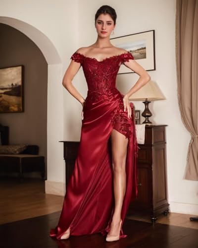 Satin Prom Dresses for Women Long 2025 Mermaid Lace Applique Off Shoulder Formal Evening Party Gown with Slit4