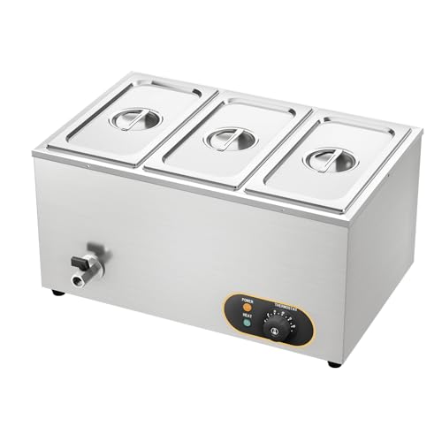 MOOTACO Bain Marie Speisenwärmer Wasserbad Gastro GN-Behältern 1/3 * 3 Warmhalter Edelstahl mit Ablaufhahn 1500W
