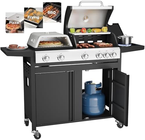 MELLCOM 3 IN 1 Pizza Griddle Grill Combo, 74,000 BTU 5-Burner Stainless Steel Propane Gas Grill with Side Burner, Porcelain Enameled Cast Iron Grates, Griddle & Pizza Oven for Outdoor Patio Backyard