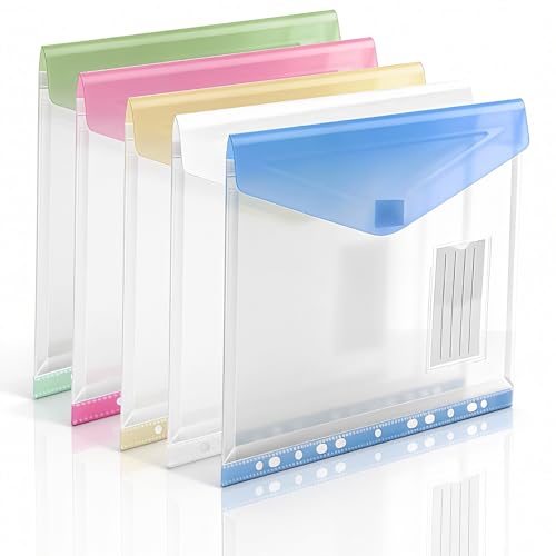 XingDuing Binder Pocket, 5 Pack Plastic Envelopes Binder Pocket with Tight Closure,11 Holes Expandable Binder Folders, olders with Pockets Side Loading, Binder Organizer, Letter Size, Assorted Colors